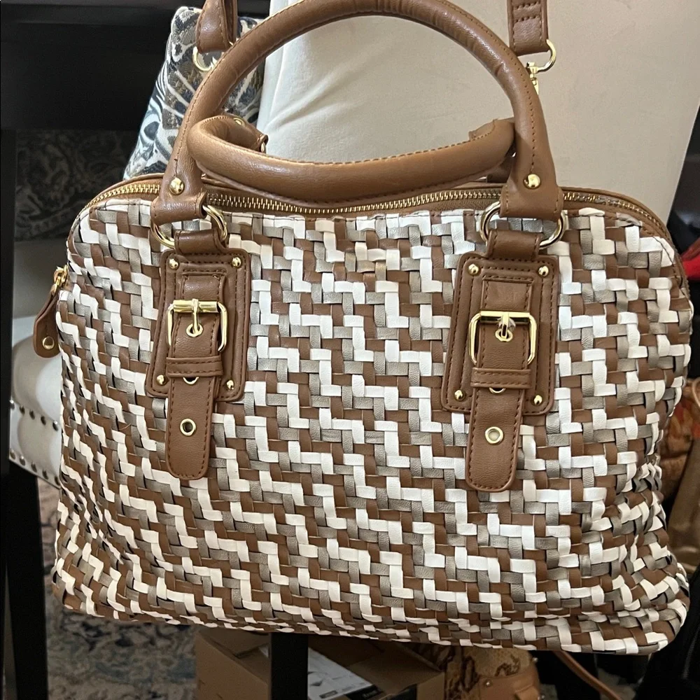 Steve Madden Brown, Gray, White Woven Handbag, Yellow Liner - NWOT Vegan Leather - Picture 1 of 8